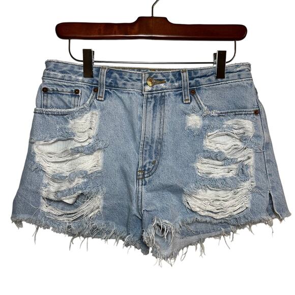 Abercrombie Annie High Rise Denim Short Distressed Medium Wash Blue Sz 28 Summer - Picture 1 of 7